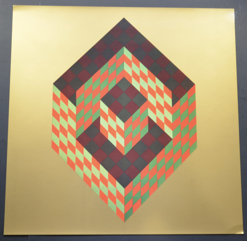 Victor Vasarely, PROGRESSIONS 3 – BIDIM; Three Dimensional Pattern in Red, Green, and Black; Heliogravure Print from the “Progressions 3 Portfolio”; 1974.