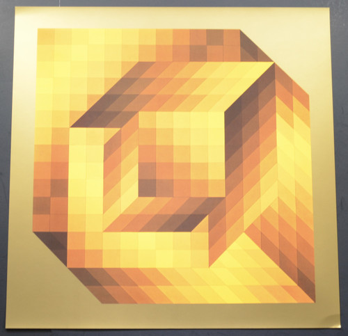 Victor Vasarely, PROGRESSIONS 3 – AXO 44; Three dimensions figure with shades of yellow; Heliogravure Print from the “Progressions 3 Portfolio”; 1974.