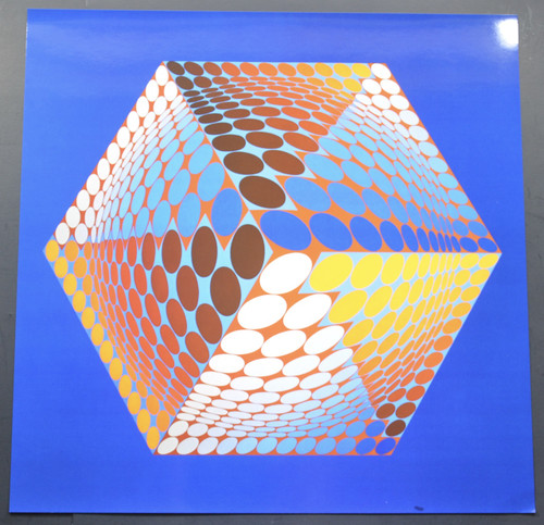 Victor Vasarely, PROGRESSIONS 3 – TUPA-3; Three dimensional cube in blues and orange; Heliogravure Print from the “Progressions 3 Portfolio”; 1974.