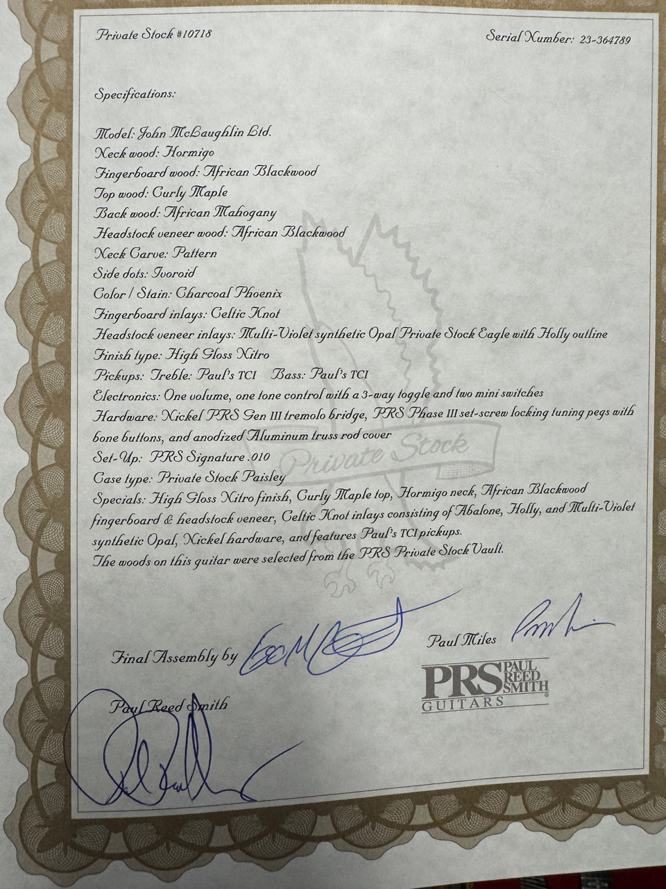 Preowned Paul Reed Smith Private Stock John McLaughlin LTD in Charcoal Phoenix