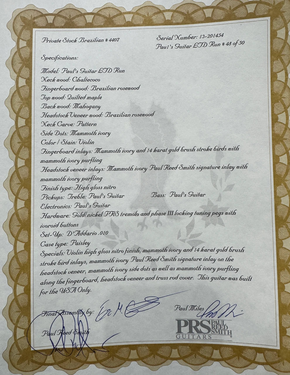Preowned Paul Reed Smith Limited Edition Private Stock Paul's Guitar - Violin - Certificate