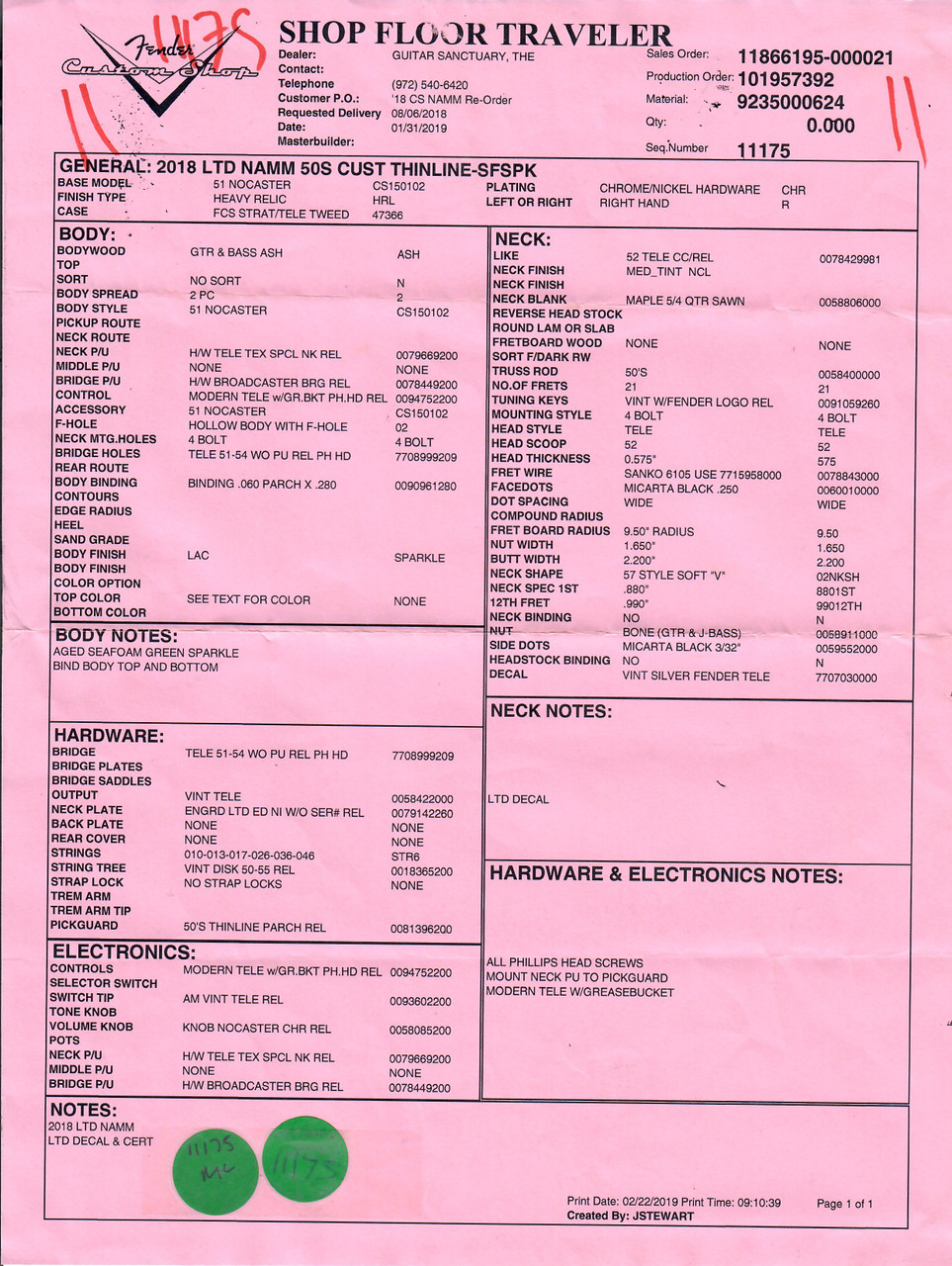 Preowned Fender Custom Shop Thinline Telecaster in Seafoam Green Sparkle