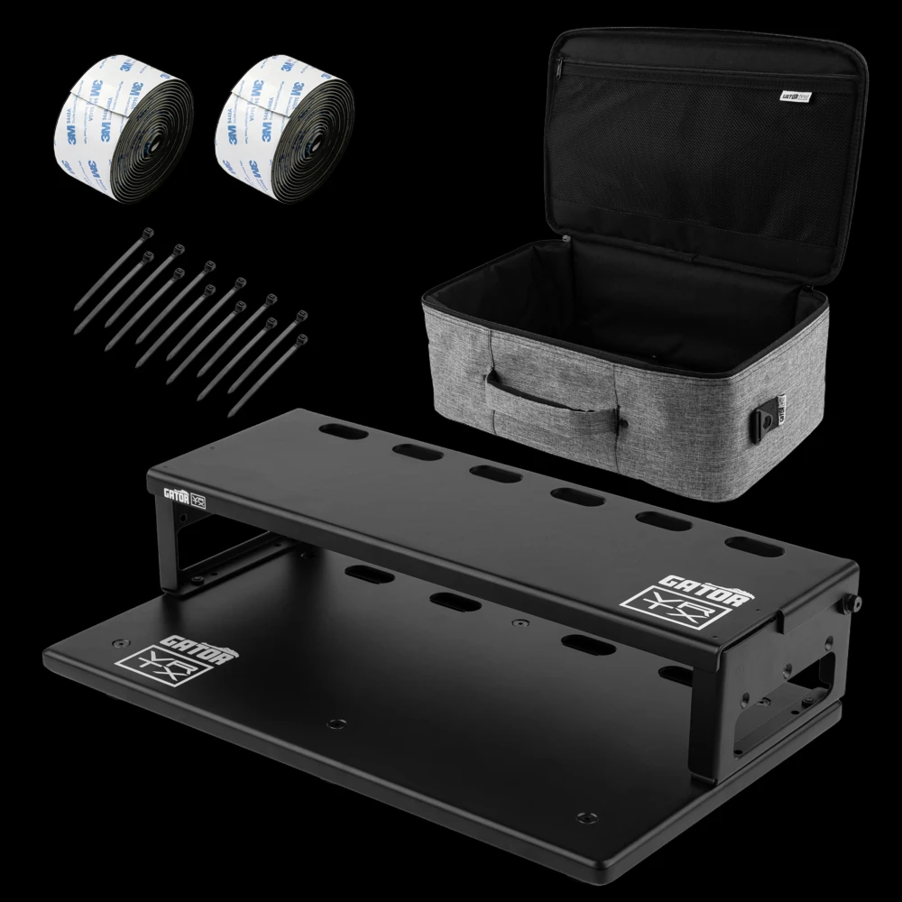 Vertex By Gator GV-TL1710R1-GB Travel Lite 17" x 10" Pedalboard & 17" x 6" Riser w/ Padded Gig Bag - Left Angle with Accessories