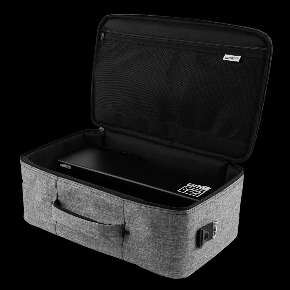 Vertex By Gator GV-TL1710R1-GB Travel Lite 17" x 10" Pedalboard & 17" x 6" Riser w/ Padded Gig Bag - Carrying Bag Open