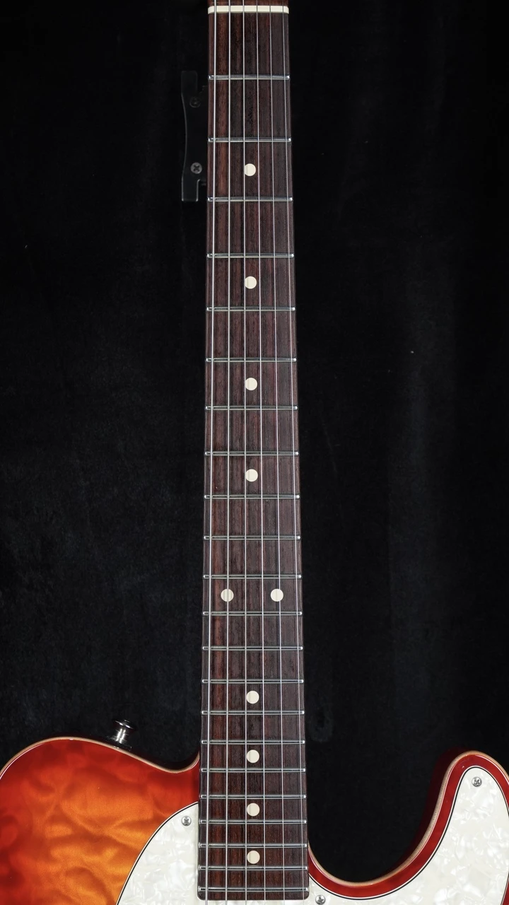 Preowned Tom Anderson Short Hollow Drop T Classic in Transparent Autumn Red Rise - Fretboard