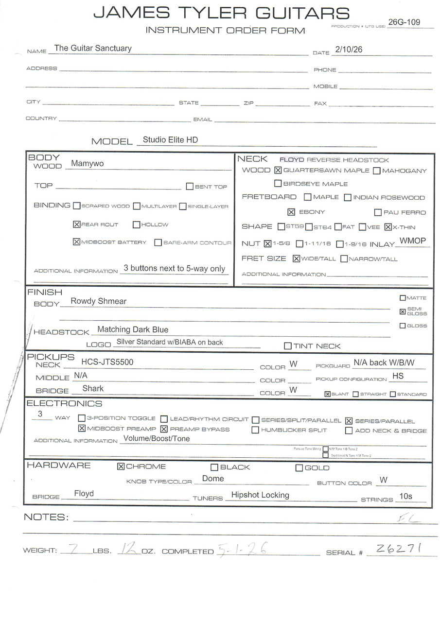 James Tyler Studio Elite HD - Rowdy Shmear Mamywo Custom Build Sheet