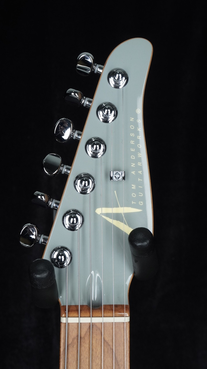 Tom Anderson Pro Am T Contoured in Super Sonic Gray with White Dog Hair Headstock Front