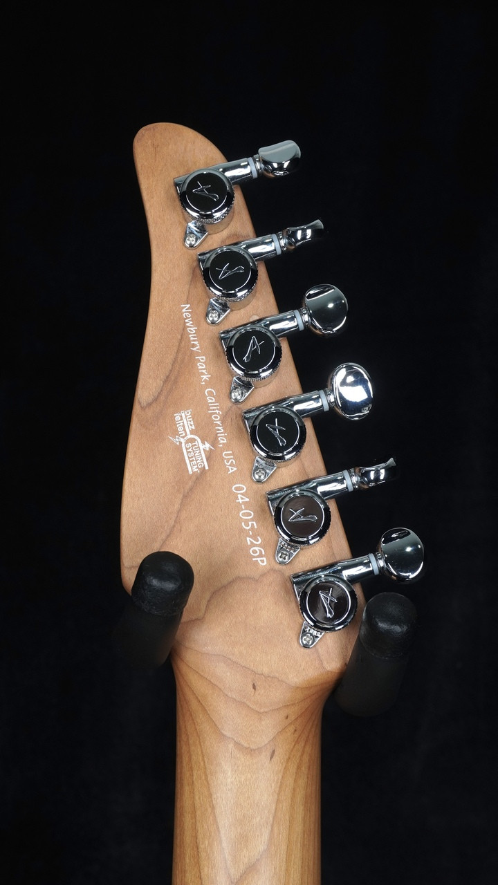 Tom Anderson Pro Am T Contoured in Super Sonic Gray with White Dog Hair Headstock Back