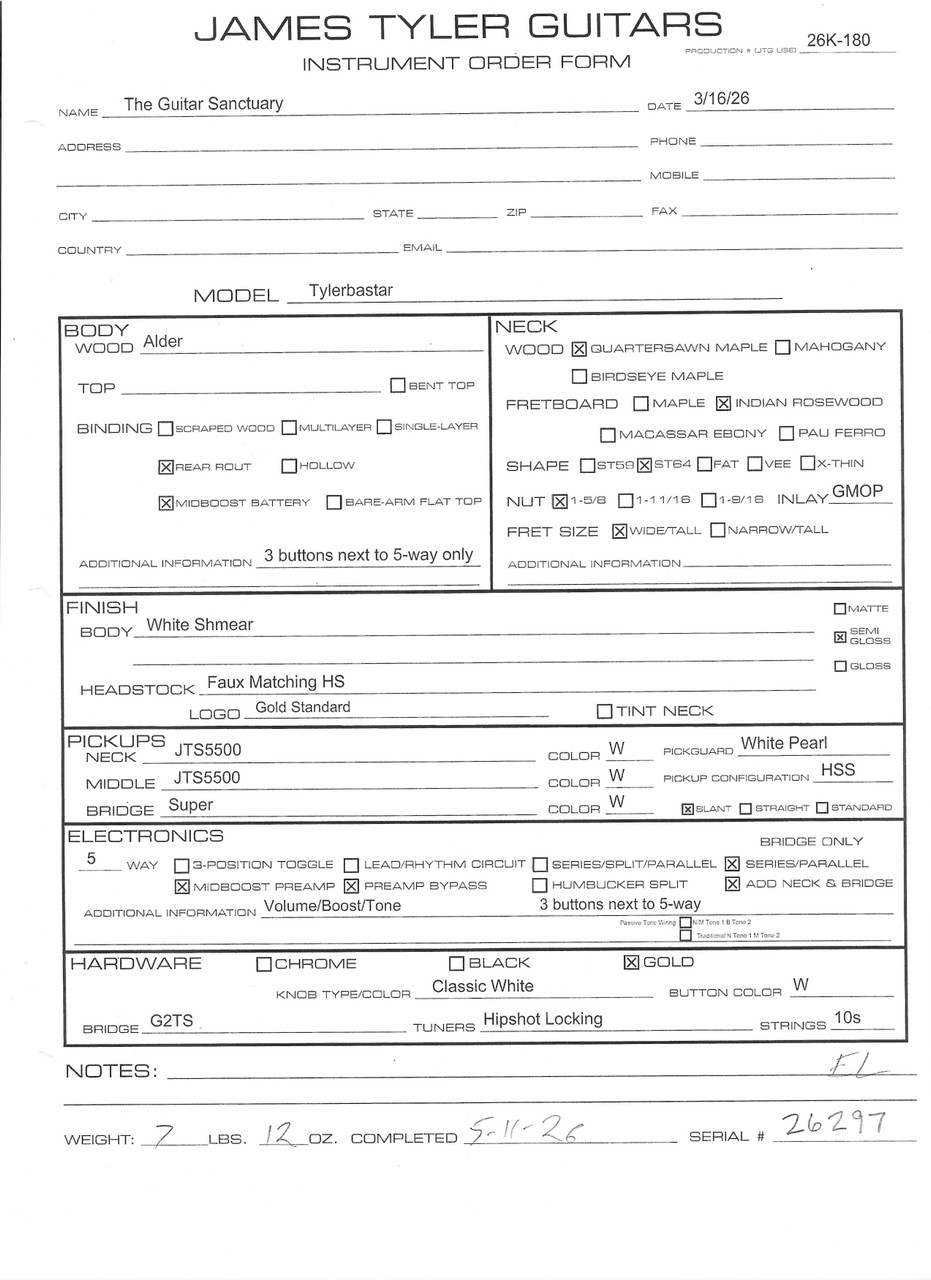 James Tyler Custom Tylerbastar Dann Huff HD-X Spec - White Shmear Spec Sheet