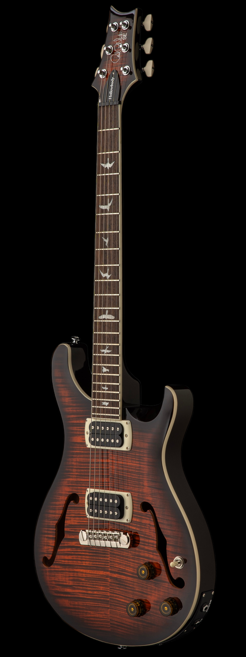 PRS SE Hollowbody I Piezo in Orange Tiger Smokeburst - Angle