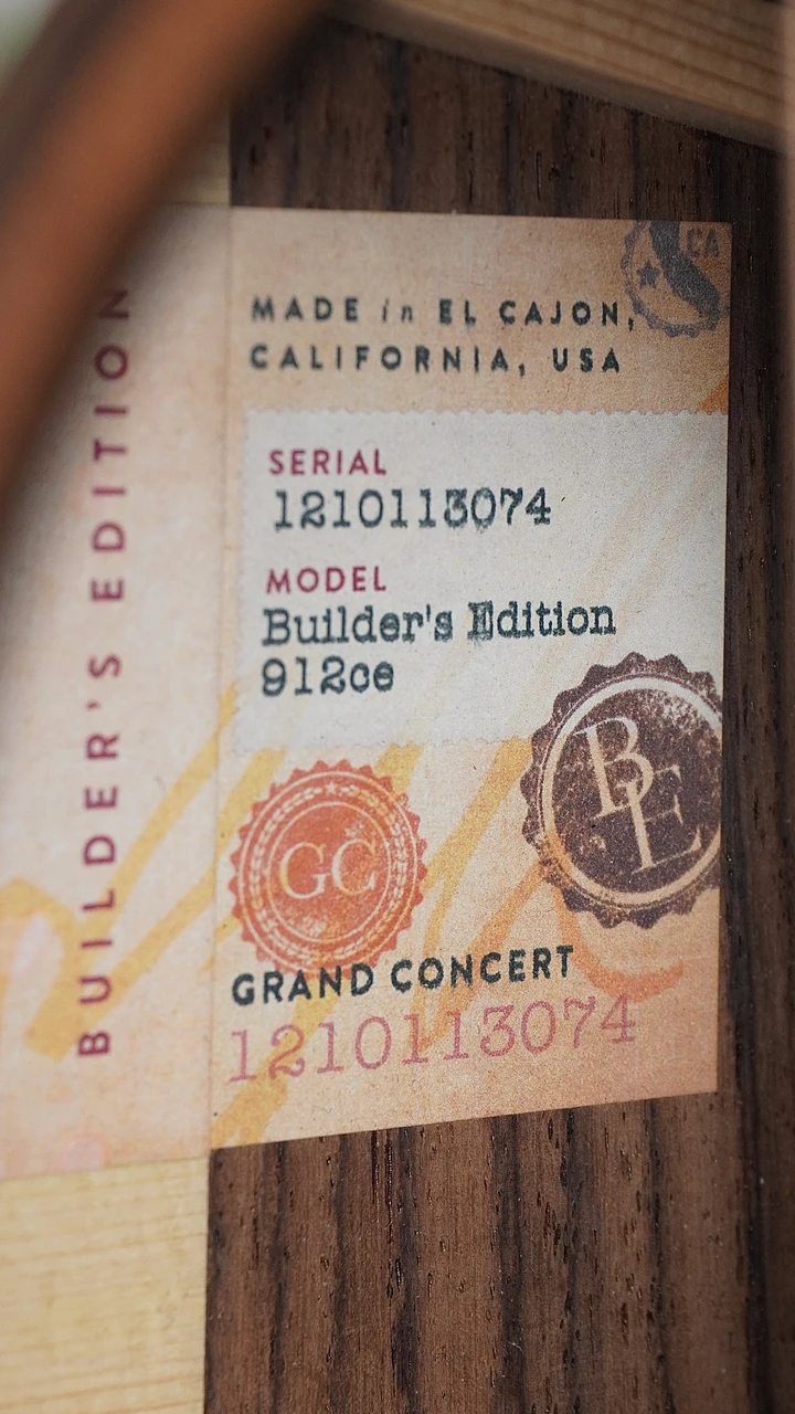 Preowned Taylor Builder's Edition 912ce - Wild Honey Burst - Soundhole Sticker