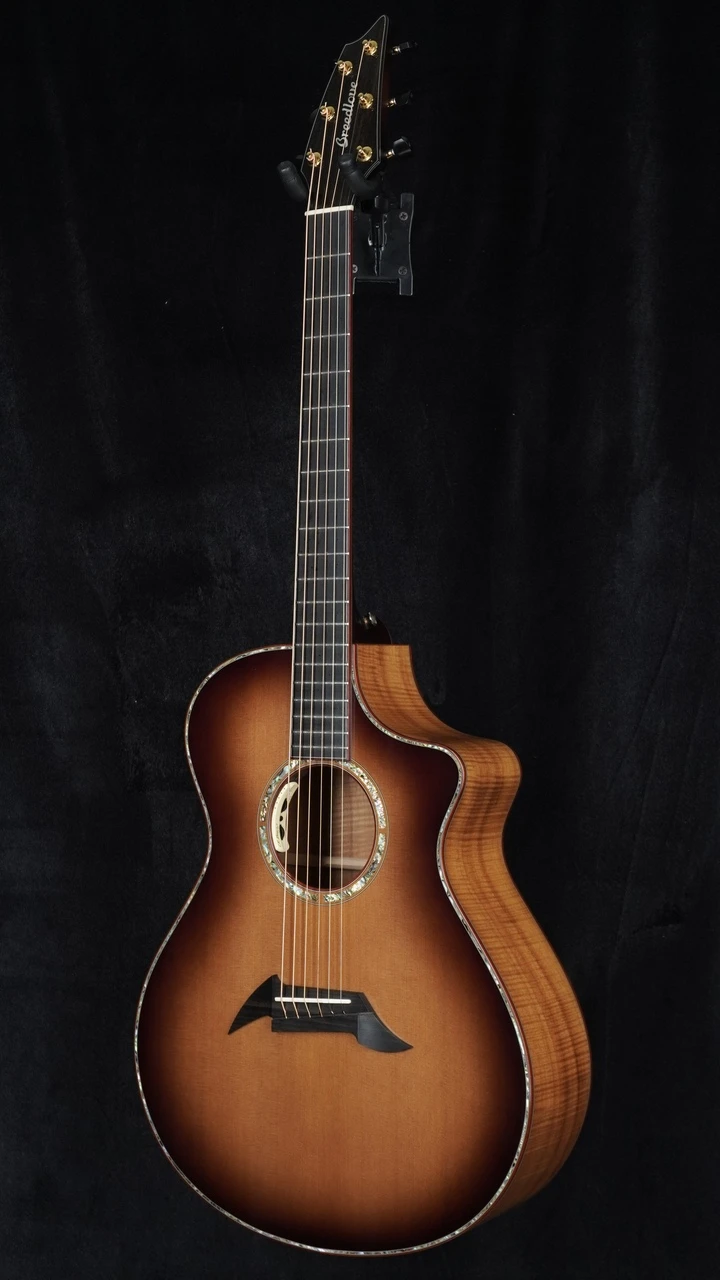 Preowned Breedlove Custom C25 Concert - Figured Koa / Western Red Cedar Sunburst - Angle Whole