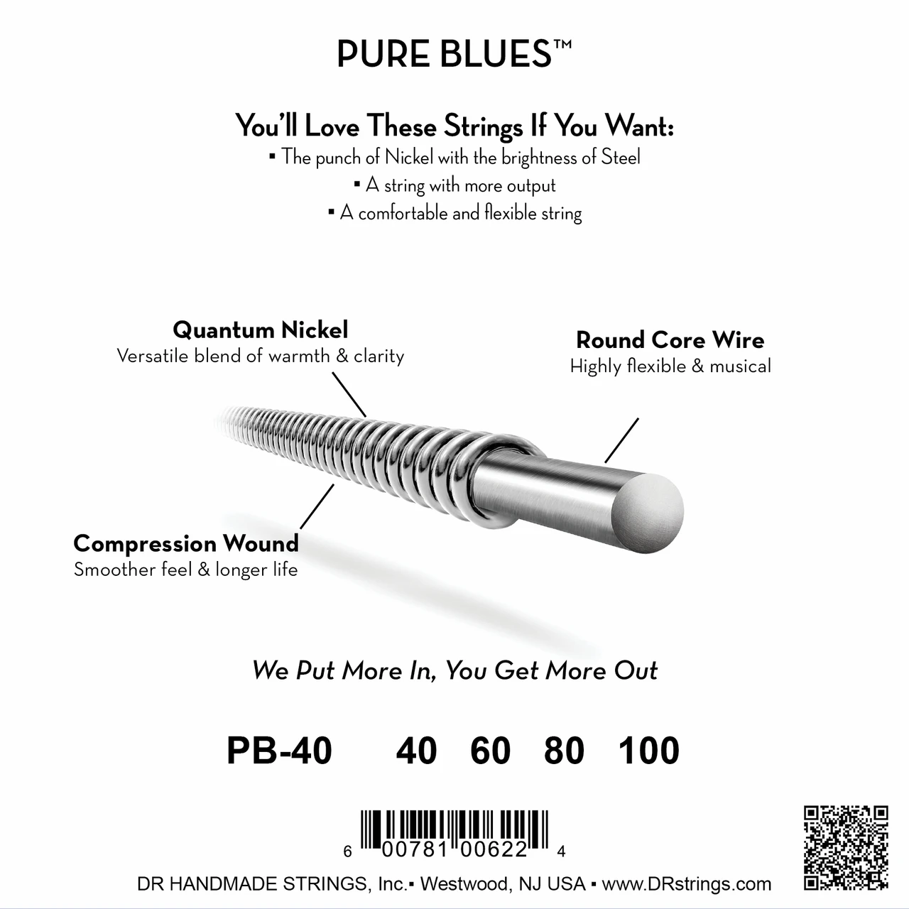DR Strings PURE BLUES Pure Nickel 4-String Bass Strings - Light (40-100) - Construction