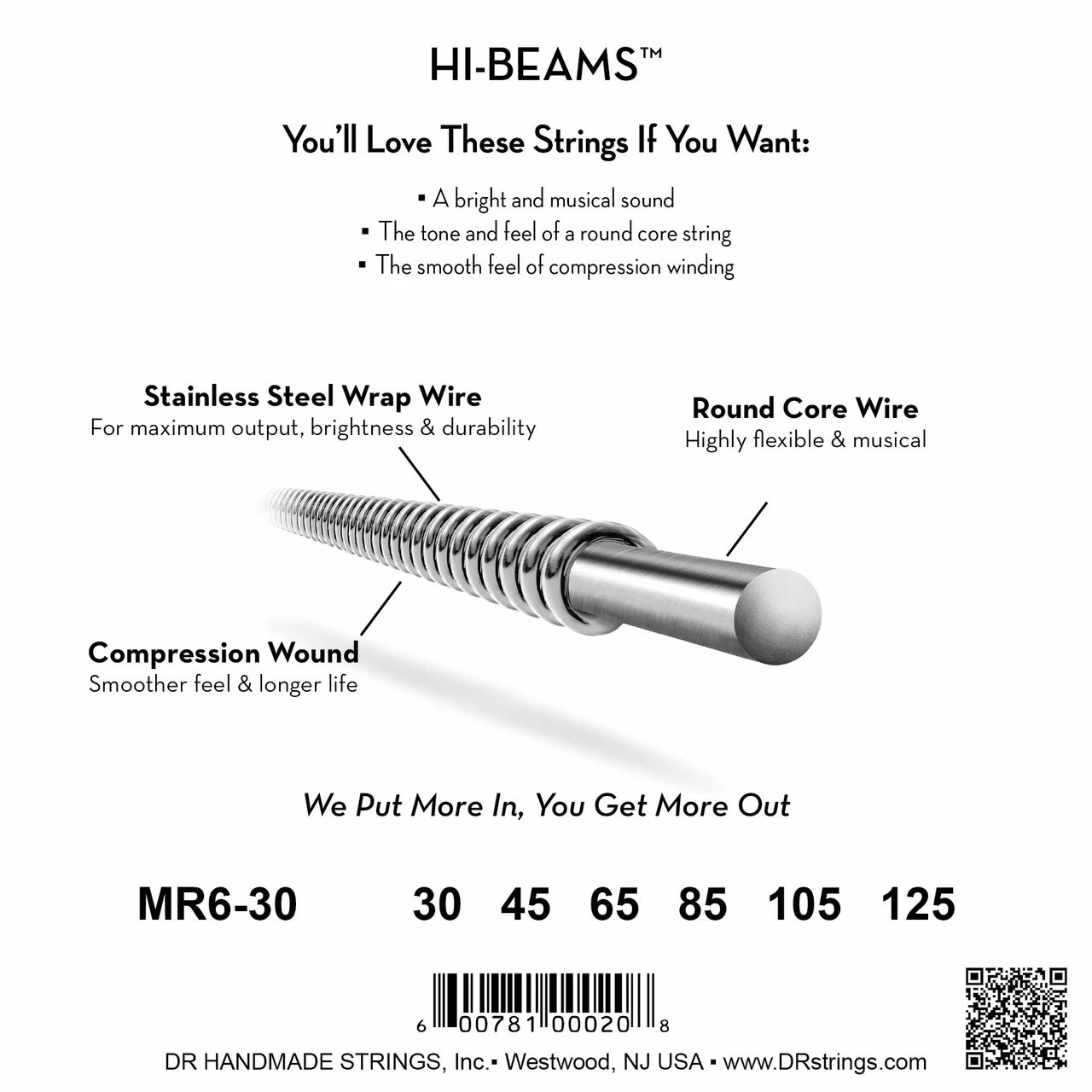 DR Strings HI-BEAMS Stainless Steel 6-String Bass Strings - Medium (30-125) - Construction