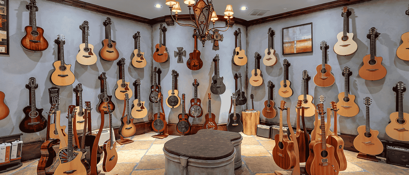 Acoustic guitar showroom at The Guitar Sanctuary featuring custom, luthier, and hand-built acoustic guitars.
