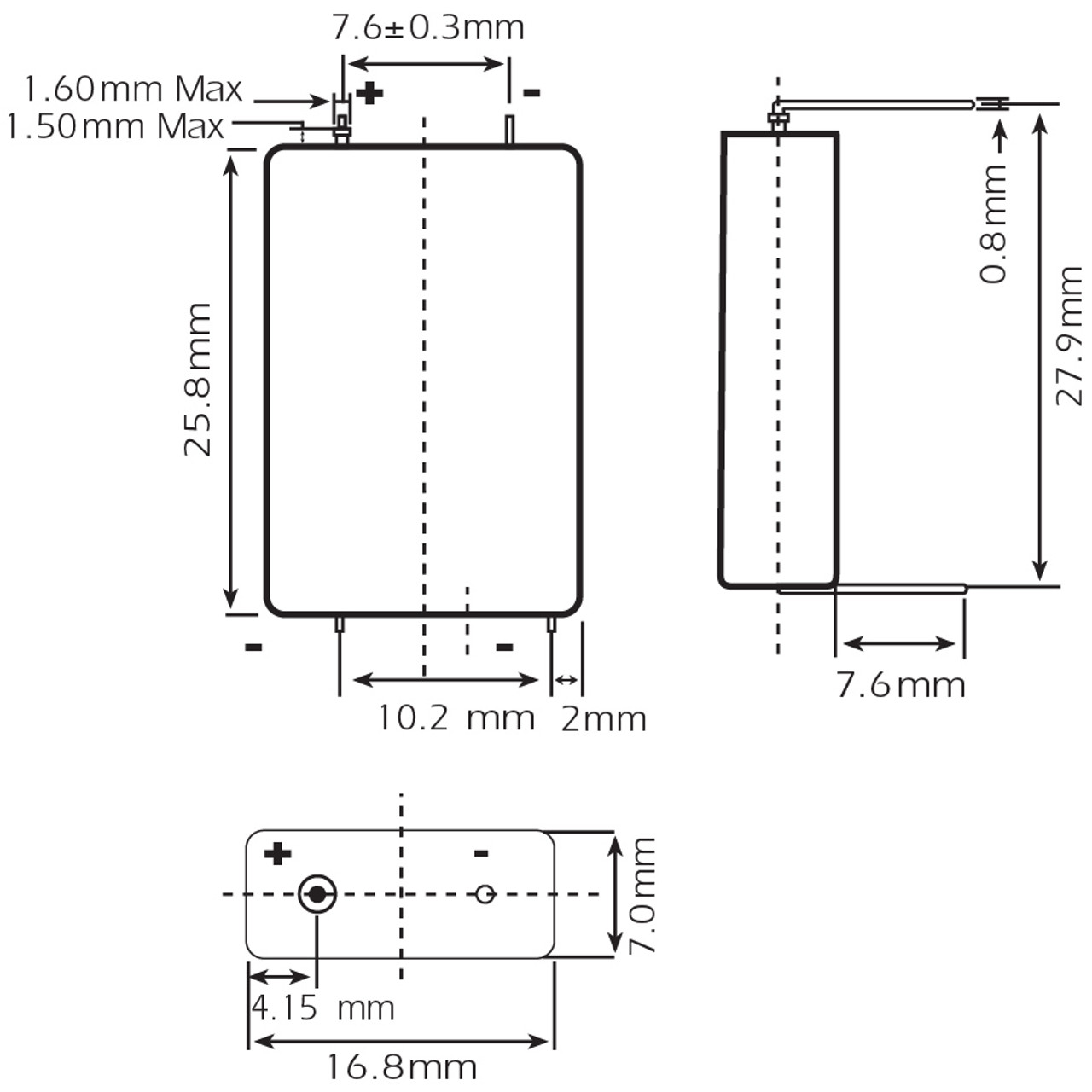 EF651625 Lithium Thionyl Chloride (Li-SOCI2) Battery Dimensions