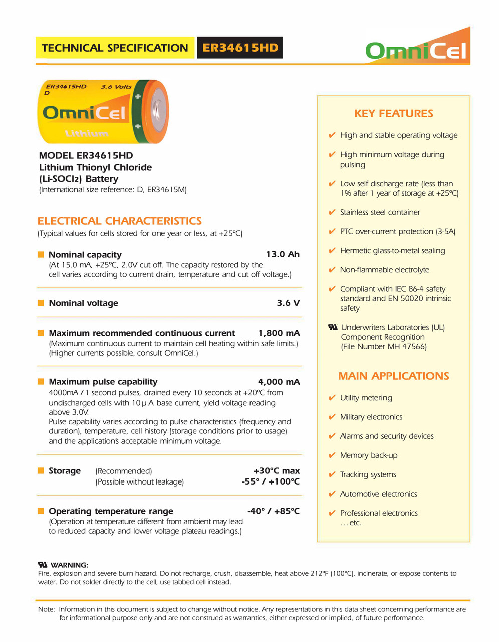 ER34615HD Lithium Thionyl Chloride (Li-SOCI2) Battery Spec Sheet