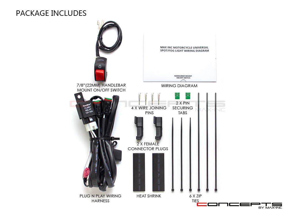 Complete  DIY Universal Motorcycle Spot / Fog Light Wiring Kit - PLUG N PLAY