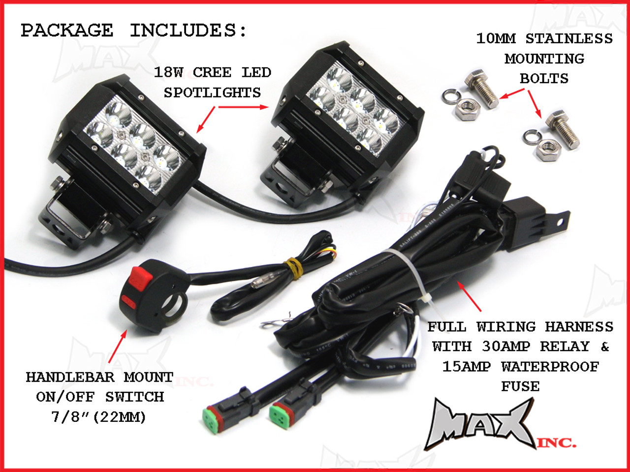 Motorcycle Universal 18w CREE LED Spot / Driving Lights + Complete Wiring Kit - PLUG N