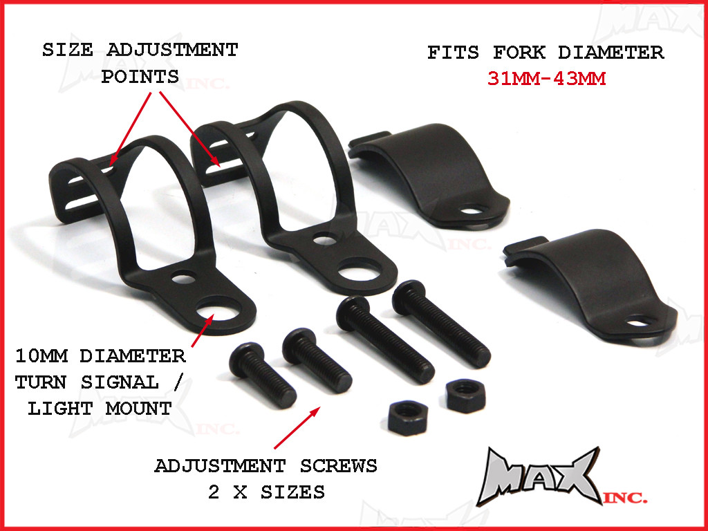 Black Fork Mount Adjustable Turn Signal / Light Relocation Brackets - 31mm to 43mm