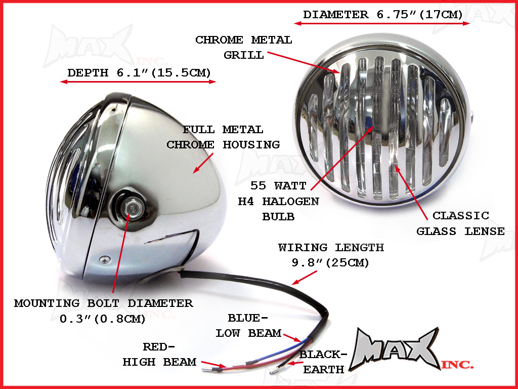 6.75 INCH Chrome Prison Bar Grill Metal Headlight - H4 / 55w Halogen Bulb