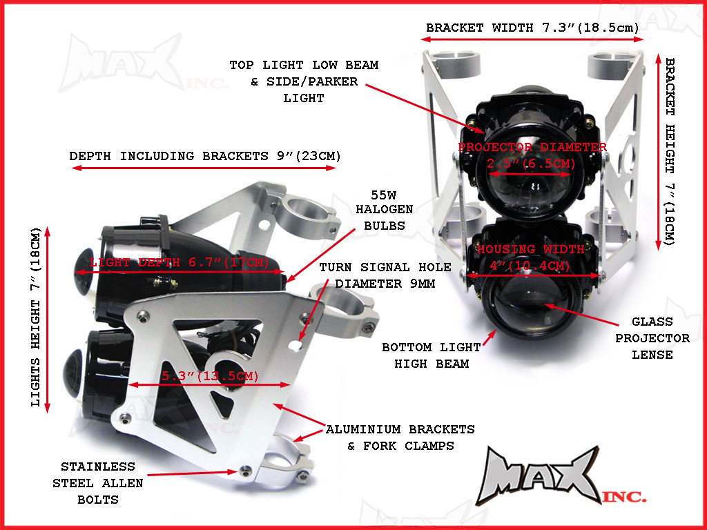 Dual Stacked Streetfighter Projector Headlight Set - Emarked & DOT Approved - 48/49mm