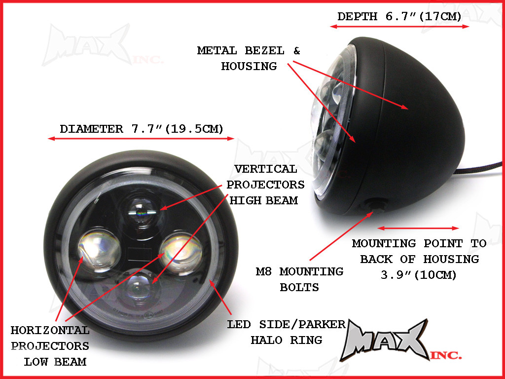 7.7 INCH High Quality Quad Projector LED Matte Black Metal Headlight + Amber Halo