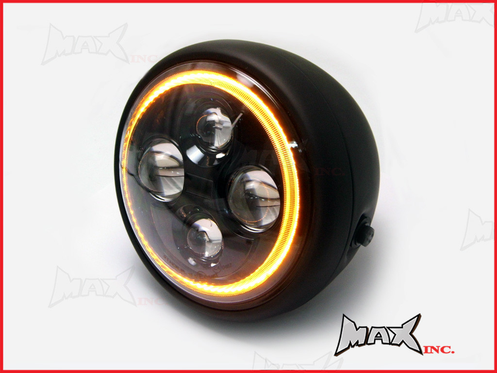 7.7 INCH High Quality Quad Projector LED Matte Black Metal Headlight + Amber Halo