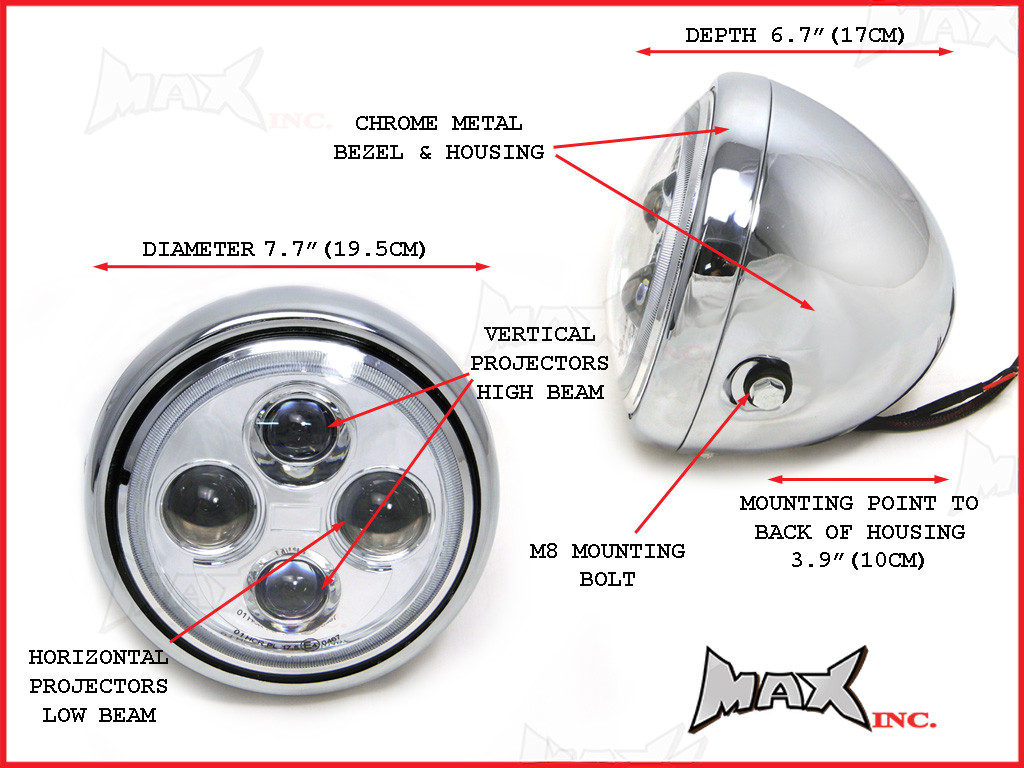 7.7 INCH High Quality Quad Projector LED Chrome Metal Headlight