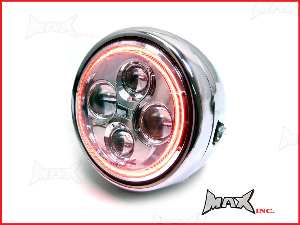 7.7 INCH High Quality Quad Projector LED Chrome Metal Headlight + Red Halo
