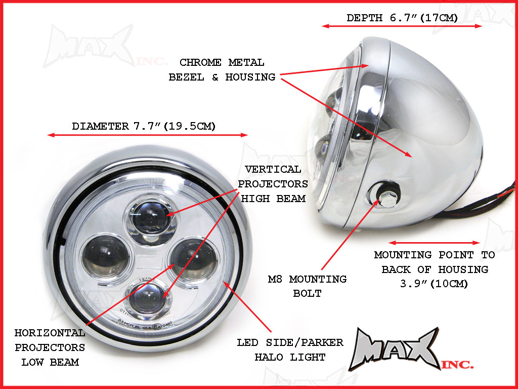 7.7 INCH High Quality Quad Projector LED Chrome Metal Headlight + Red Halo