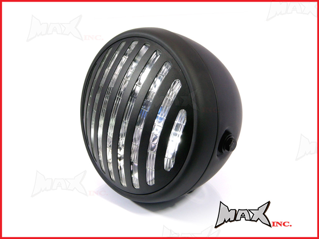7.7 INCH Matte Black Prison Bar Grill Metal Headlight - H4 / 55w Halogen Sealed Beam