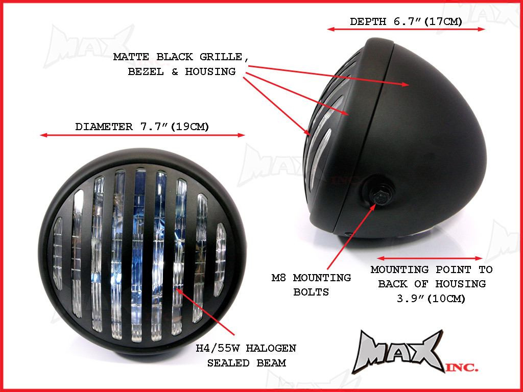 7.7 INCH Matte Black Prison Bar Grill Metal Headlight - H4 / 55w Halogen Sealed Beam