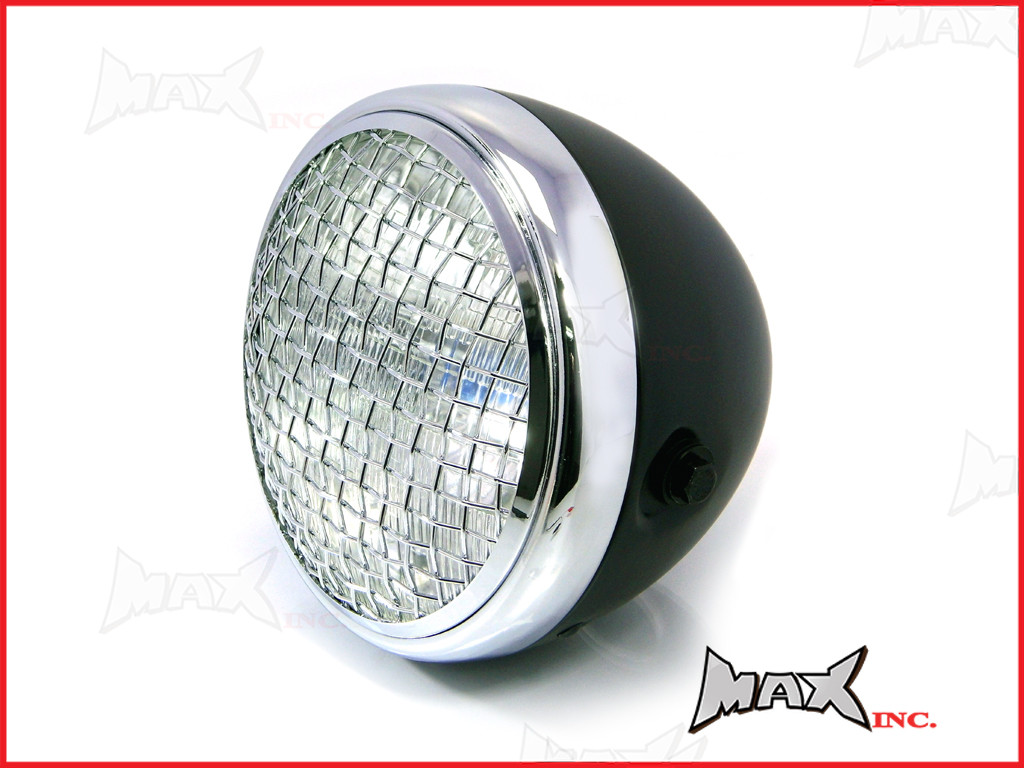 7.7 INCH Black + Chrome Mesh Grill Metal Headlight - H4 / 55w Halogen Sealed Beam