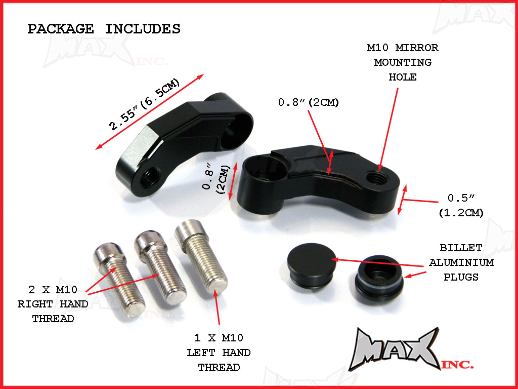 Black CNC Machined Billet Aluminium Mirror Risers / Extenders - 1 x RH + 1 x LH M10 Thread