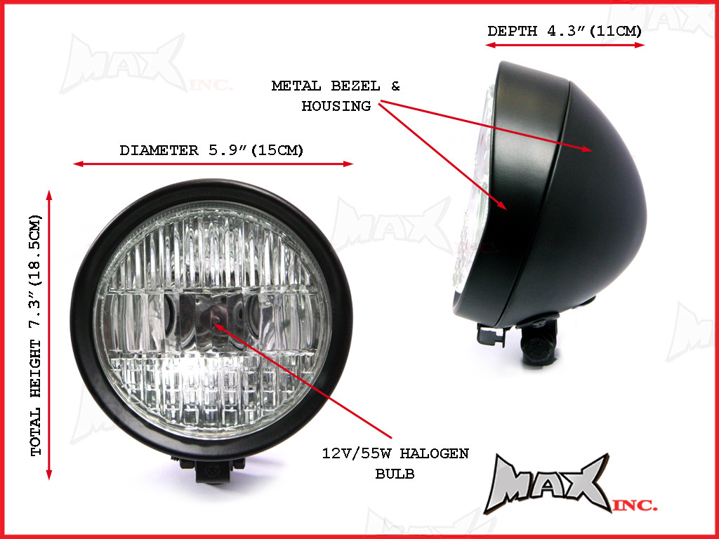 5.9 INCH Matte Black Bottom Mount Metal Headlight - 12v / 55w