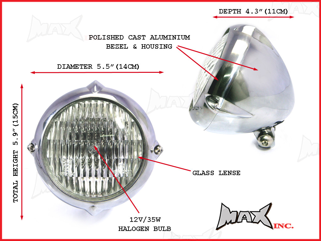 5.5 INCH Polished Aluminium Vintage Style Bottom Mount Headlight - 12v / 35w