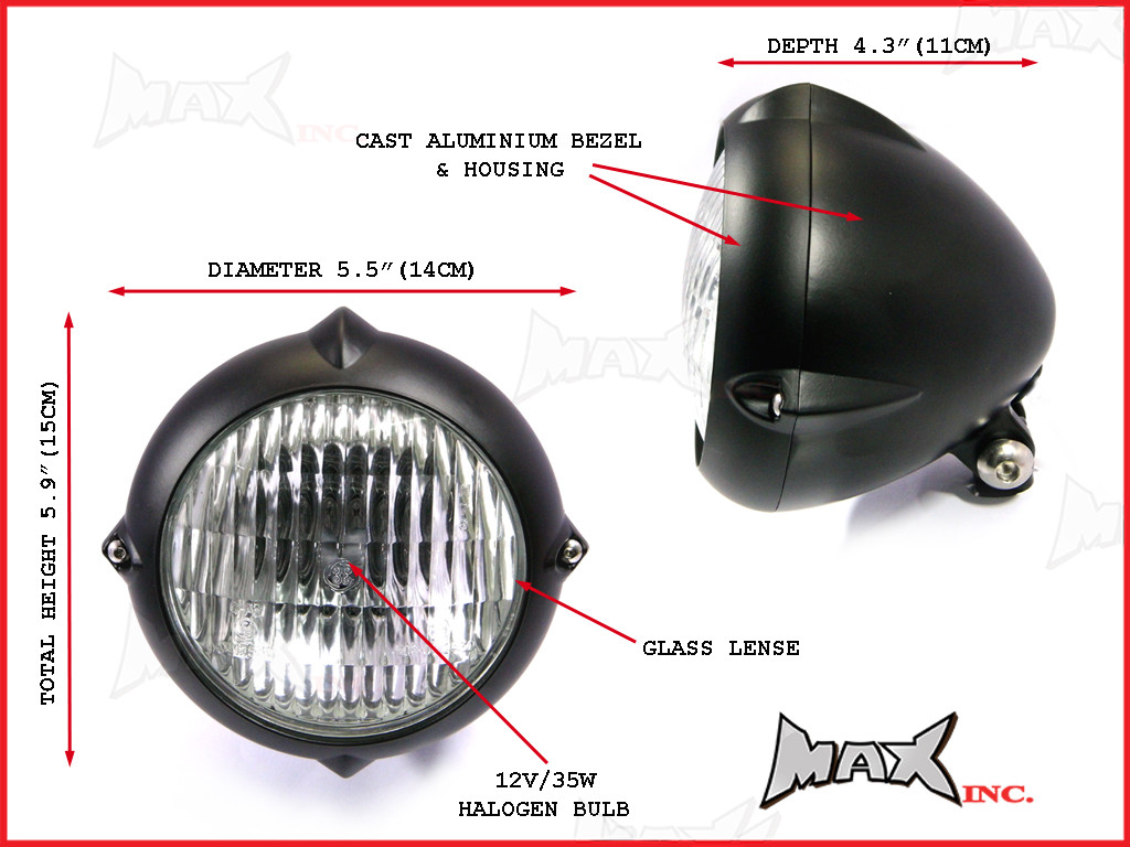 5.5 INCH Matte Black Aluminium Vintage Style Bottom Mount Headlight - 12v / 35w