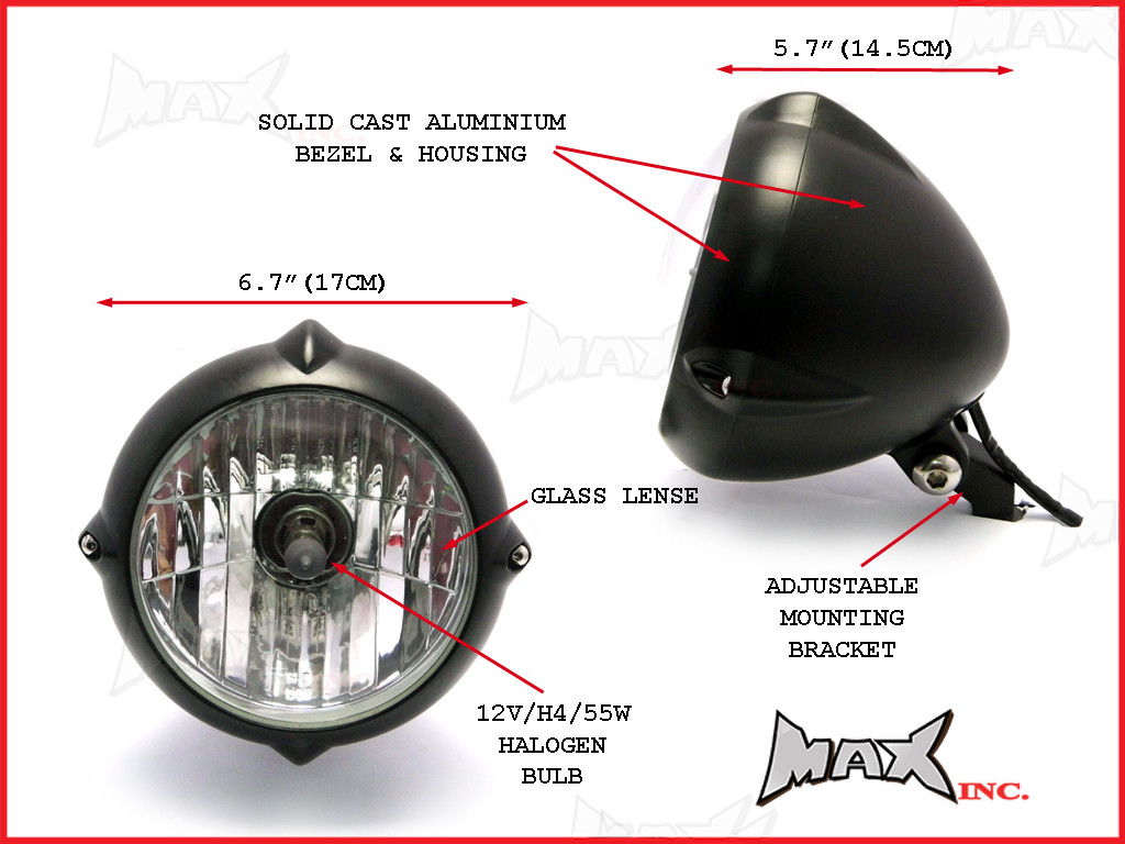 6.7 INCH Matte Black Aluminium Vintage Style Bottom Mount Headlight - 12v / 55w