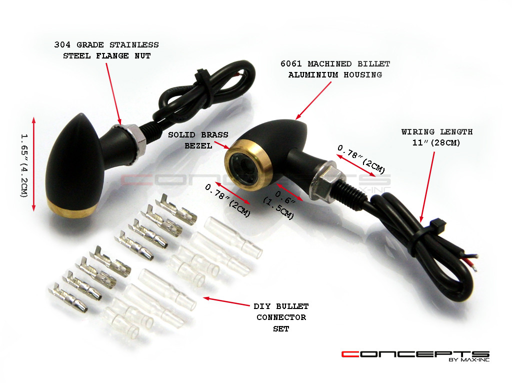 MAX Chubby Matte Black + Brass Machined Aluminium Micro LED Indicators / Turn Signals