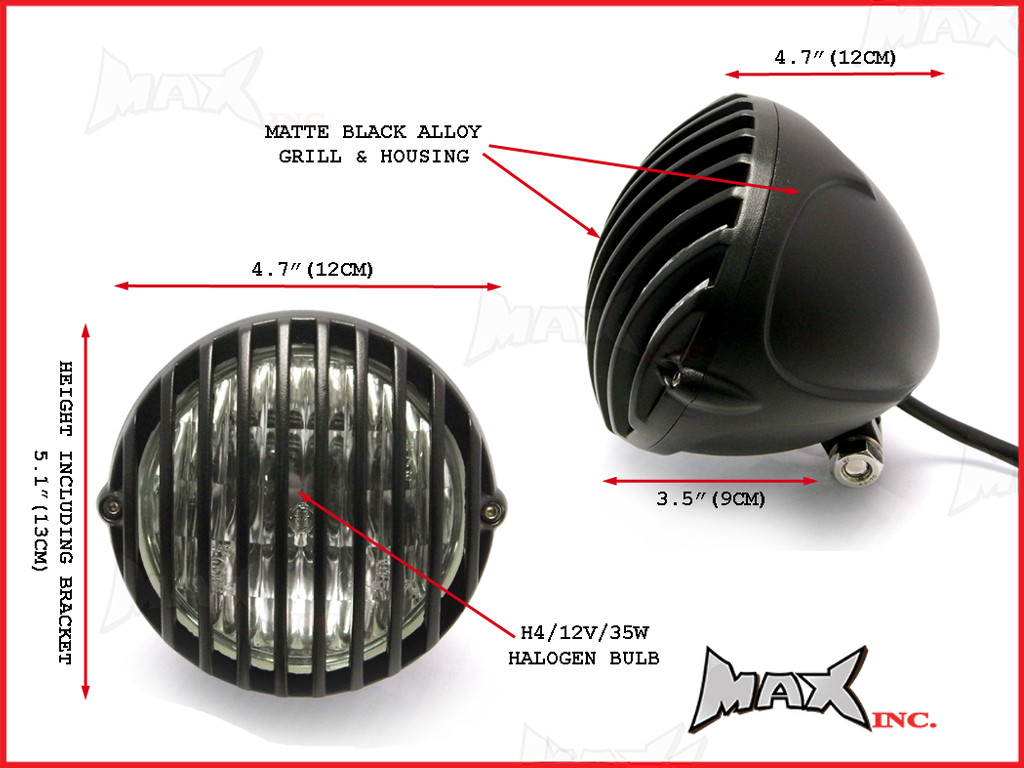 4.5 INCH Matte Black Alloy Scalloped Vintage Grill Headlight - 12v / 35w
