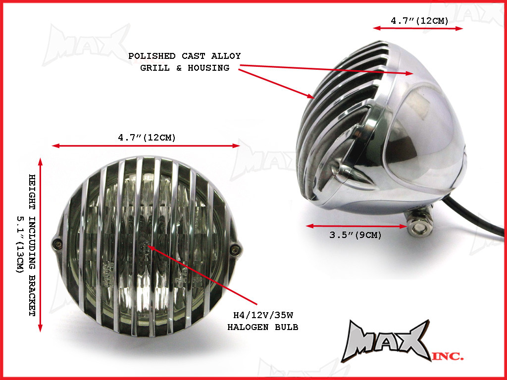 4.5 INCH Polished Alloy Scalloped Vintage Grill Headlight - 12v / 35w