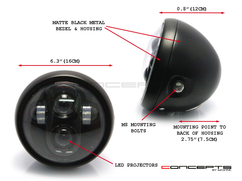 6 INCH Matte Black Quad LED Projector Cafe Racer Metal Headlight