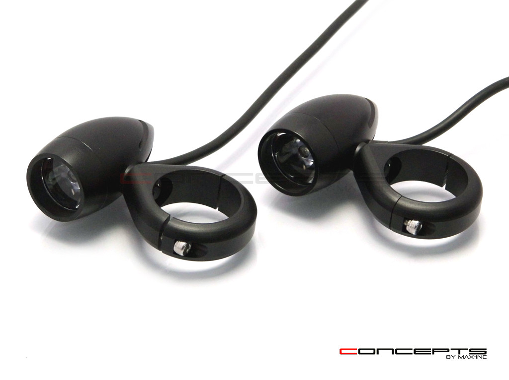 Matte Black Aluminium Bullet Spot / Fog Lights + Complete Wiring Kit + Fork Clamps - 32/33mm