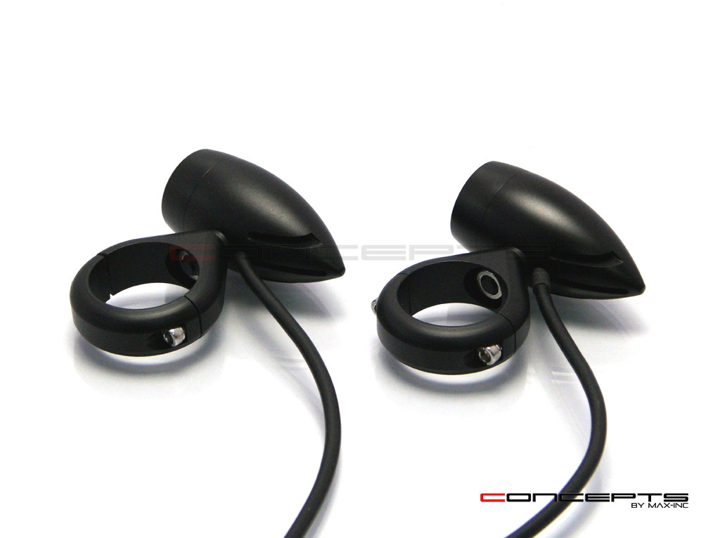Matte Black Aluminium Bullet Spot / Fog Lights + Complete Wiring Kit + Fork Clamps - 34/35mm