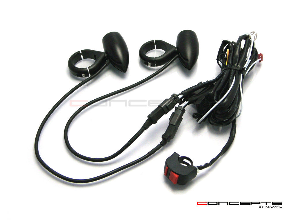 Matte Black Aluminium Bullet Spot / Fog Lights + Complete Wiring Kit + Fork Clamps - 40/41mm