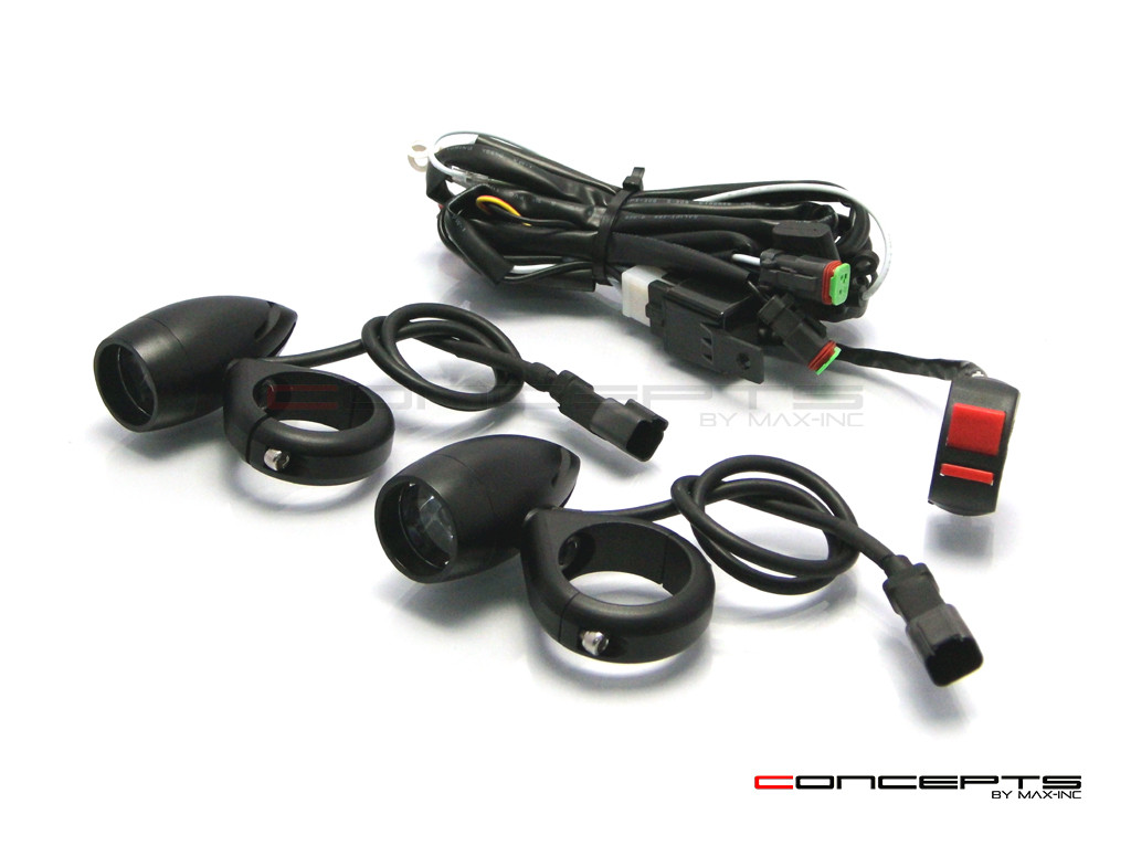 Matte Black Aluminium Bullet Spot / Fog Lights + Complete Wiring Kit + Fork Clamps - 42/43mm