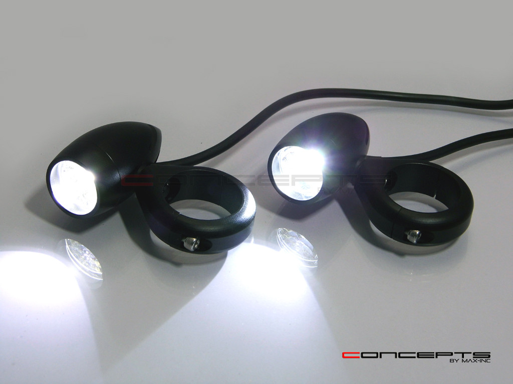 Matte Black Aluminium Bullet Spot / Fog Lights + Complete Wiring Kit + Fork Clamps - 44/45mm
