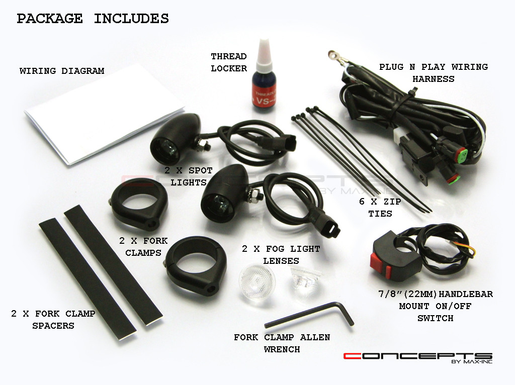 Matte Black Aluminium Bullet Spot / Fog Lights + Complete Wiring Kit + Fork Clamps - 50/51mm