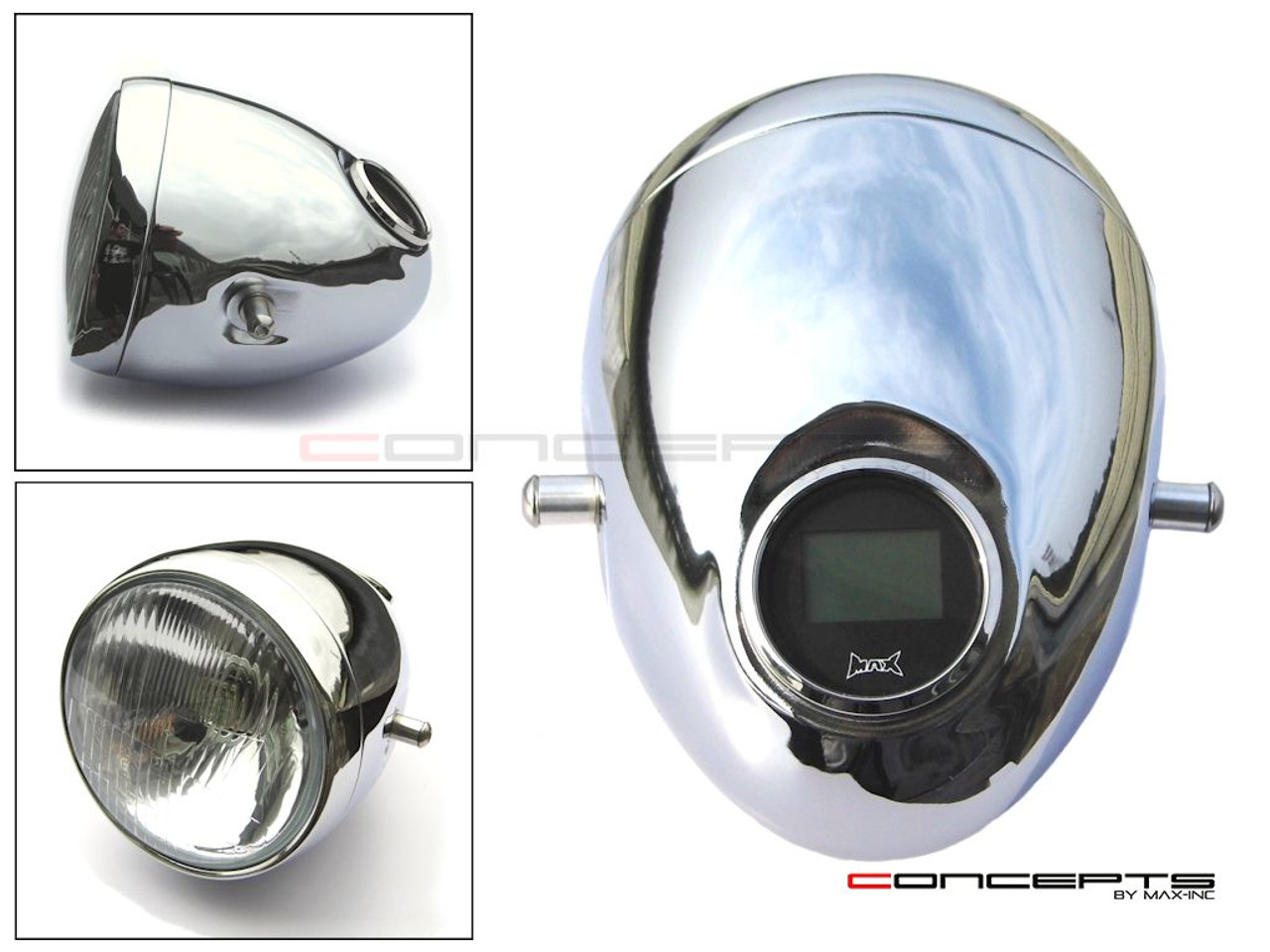 5.75" Vintage Style Chrome Metal Headlight + Integrated Digital GPS Speedometer
